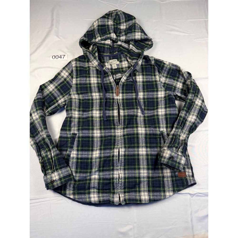 LL Bean Womens Relaxed Fit Plaid Flannel Zip Up Hoodie Jacket Small Blue Green